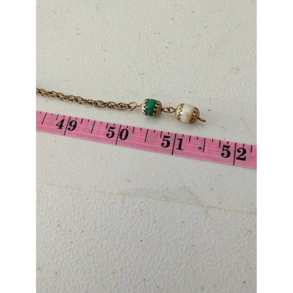 Vintage Unsigned Gold Tone Green Cream Bead Necklace Adjustable Ring Set Broken